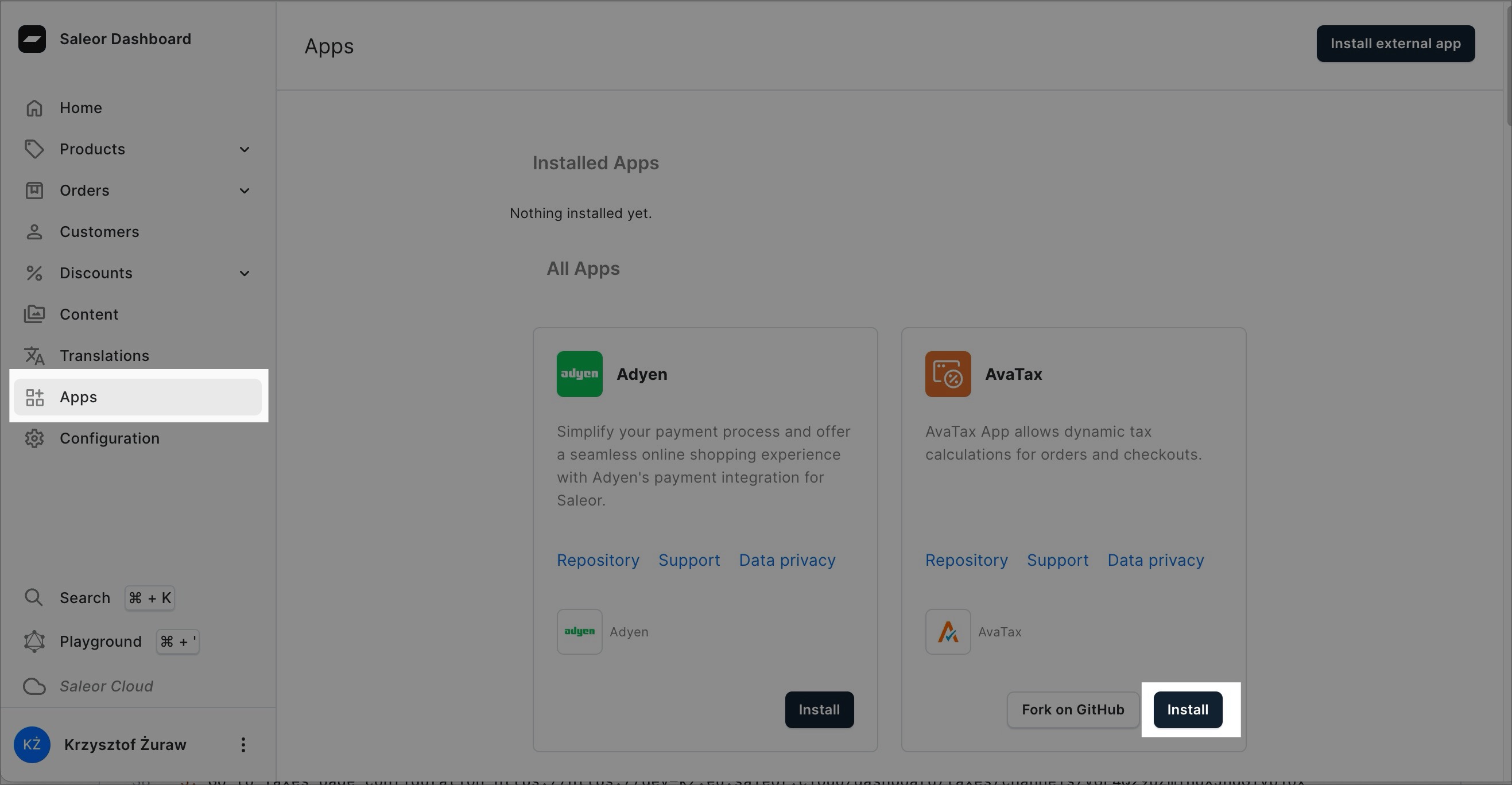 A screenshot of the Saleor Dashboard in the &quot;Apps&quot; section. The &quot;Install&quot; button is highlighted, indicating the option to install AvaTax app.